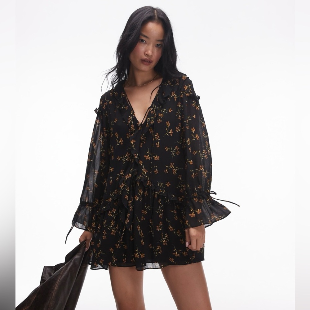 Topshop Black Floral Boho Mini Dress Ruffle Long Sleeve Size 10 - Picture 1 of 6
